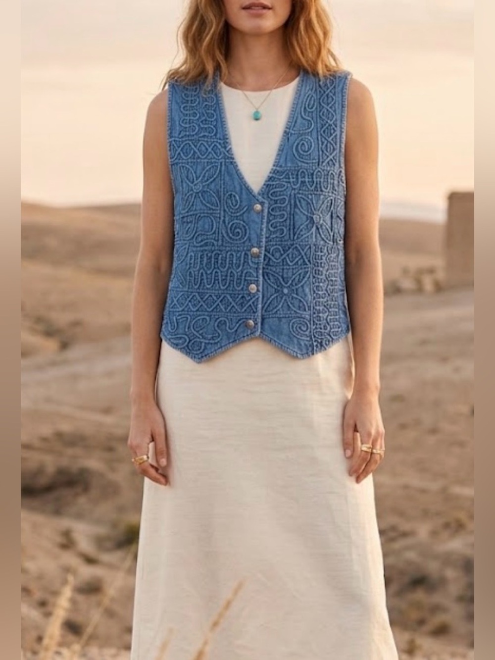 Vintage 90s Embroidered Geometric Denim Western Sleeveless Vest Blue Large boho
